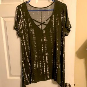 olive green with white v neck tunic tee with cross cross front
